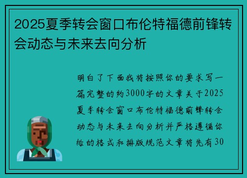 2025夏季转会窗口布伦特福德前锋转会动态与未来去向分析